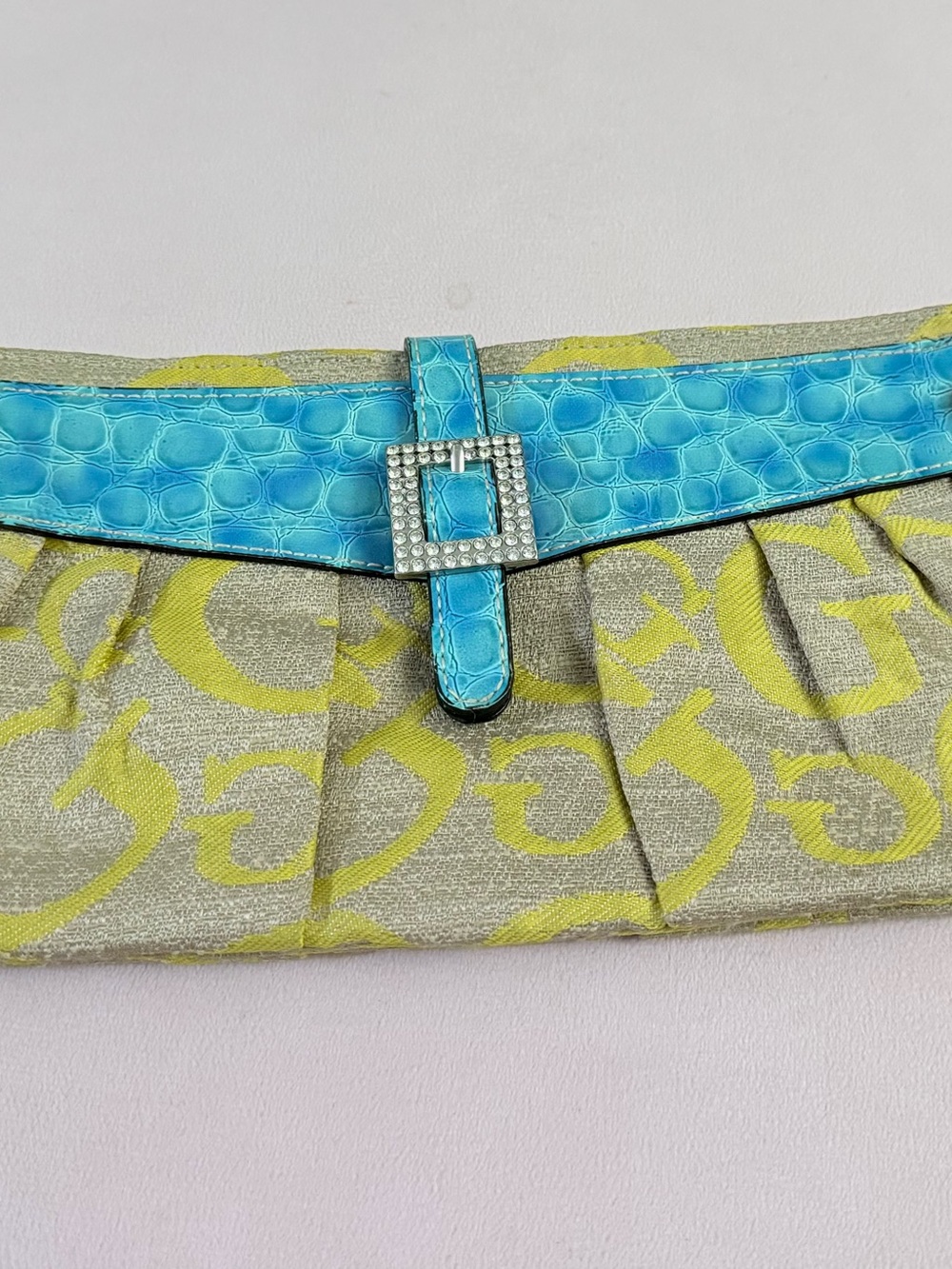 Guess Printed Monogram Clutch with Turquoise Buckle Detail